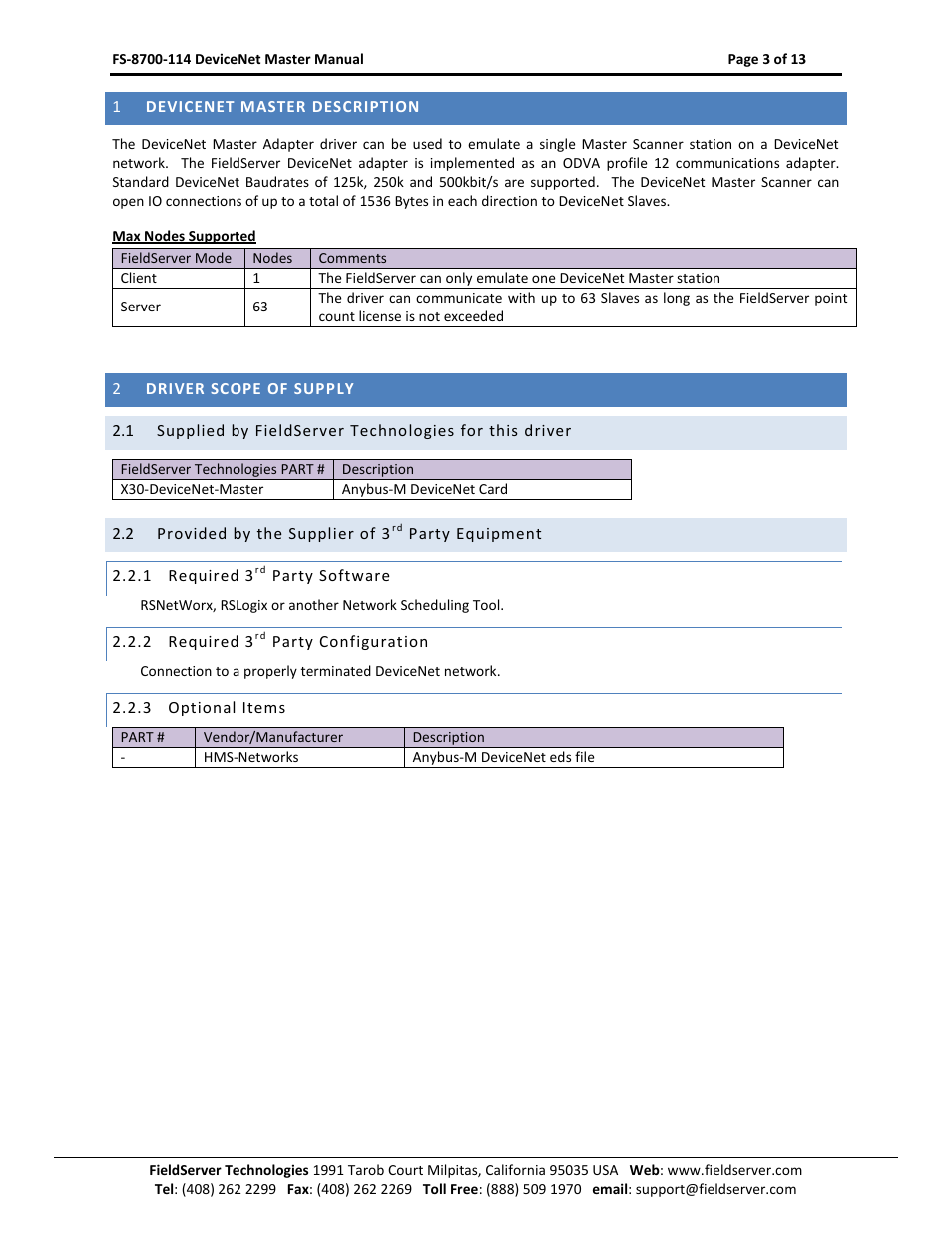 Devicenet master description, Driver scope of supply, Provided by the supplier of 3 | Party equipment, Required 3, Party software, Party configuration, Optional items | FieldServer FS-8700-114 X30 User Manual | Page 3 / 13