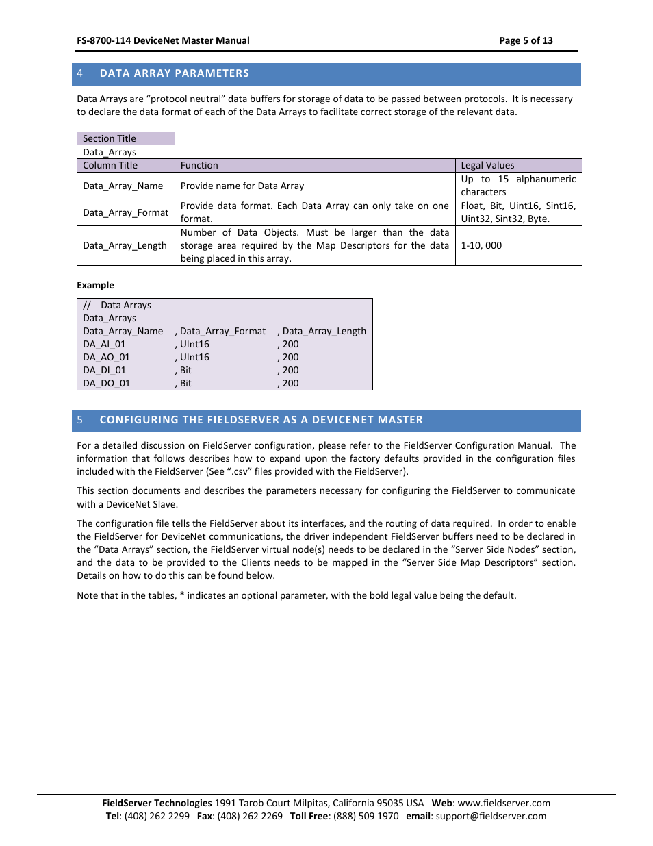 Data array parameters, Configuring the fieldserver as a devicenet master | FieldServer FS-8700-114 X30 User Manual | Page 5 / 13