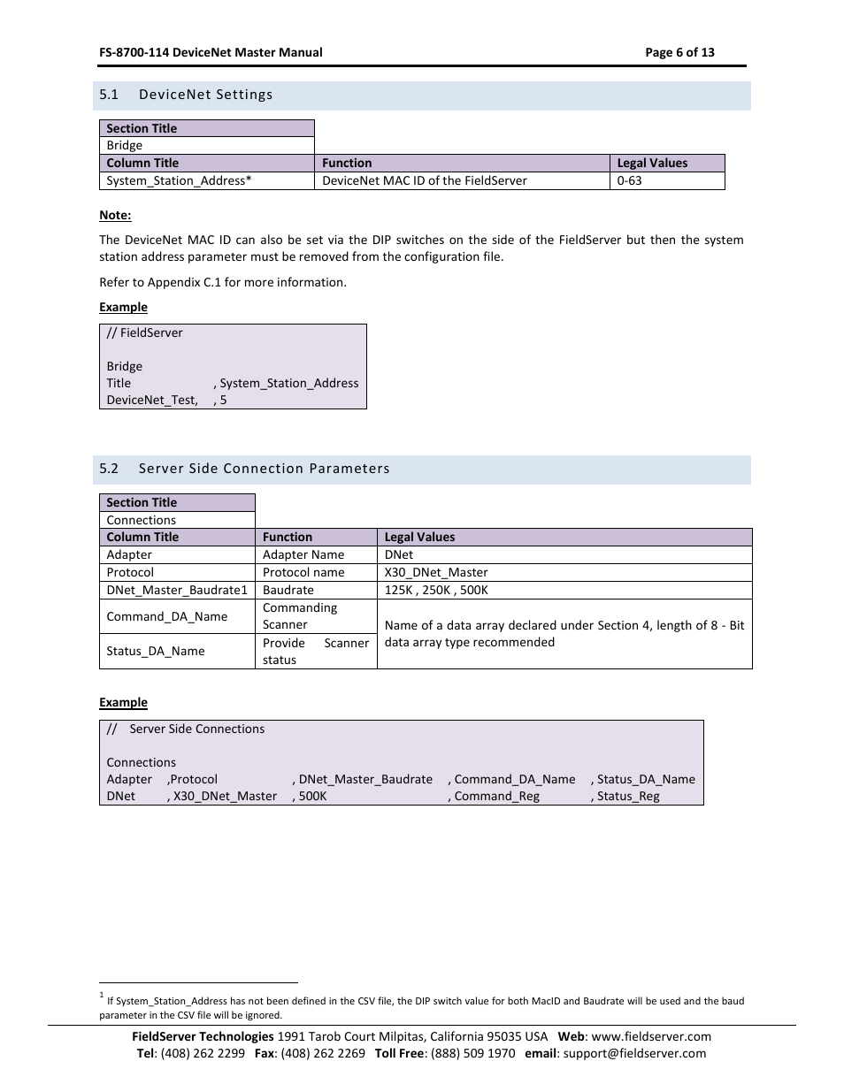 Devicenet settings, Server side connection parameters | FieldServer FS-8700-114 X30 User Manual | Page 6 / 13