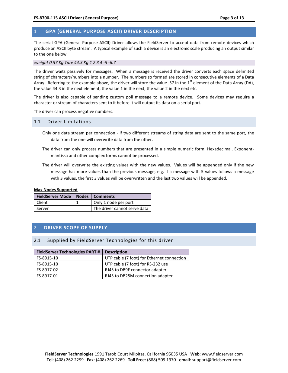 Gpa (general purpose ascii) driver description, Driver limitations, Driver scope of supply | FieldServer FS-8700-115 User Manual | Page 3 / 13