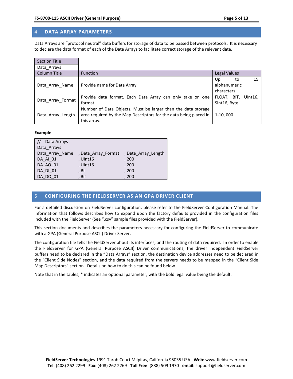 Data array parameters | FieldServer FS-8700-115 User Manual | Page 5 / 13