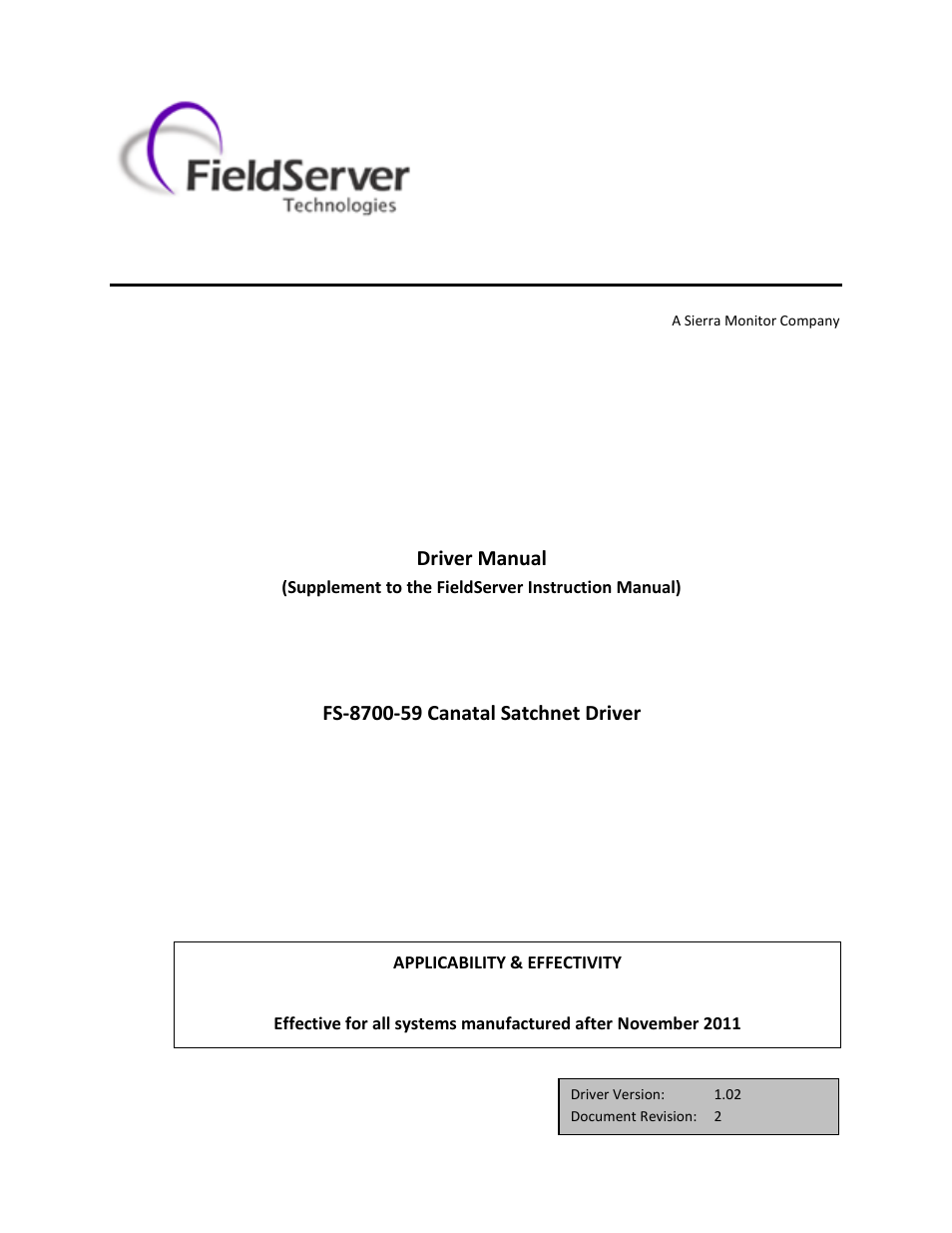 FieldServer Canatal Satchnet Driver FS-8700-59 User Manual | 19 pages