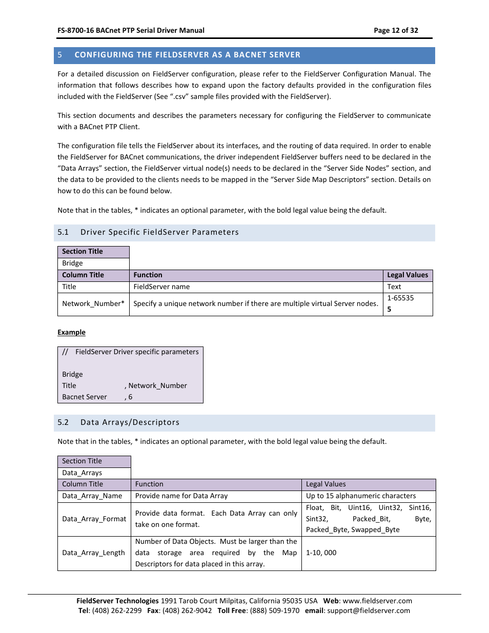 Configuring the fieldserver as a bacnet server, Driver specific fieldserver parameters, Data arrays/descriptors | FieldServer FS-8700-16 User Manual | Page 12 / 32