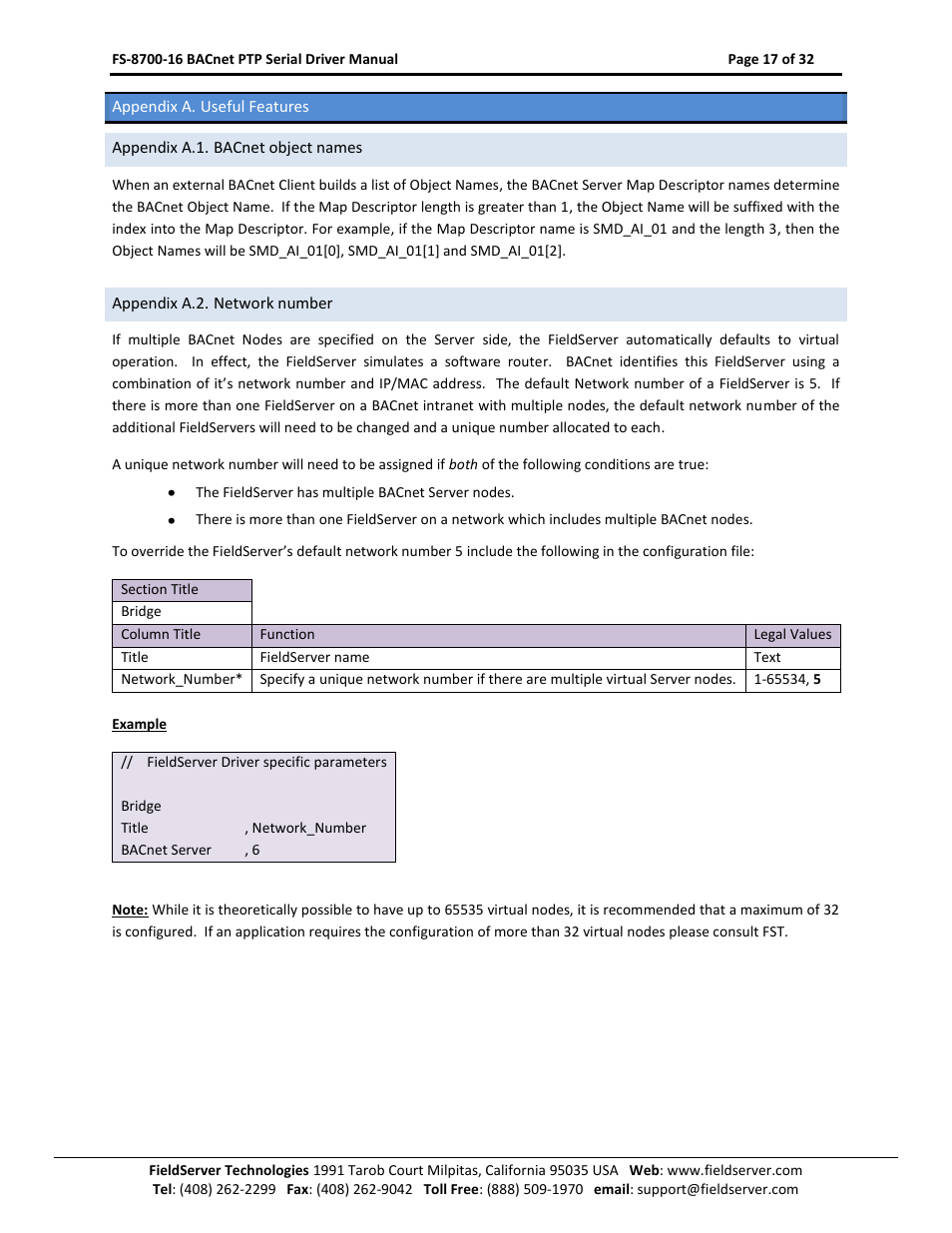 Appendix a. useful features, Appendix a.1. bacnet object names, Appendix a.2. network number | Appendix a.1 | FieldServer FS-8700-16 User Manual | Page 17 / 32