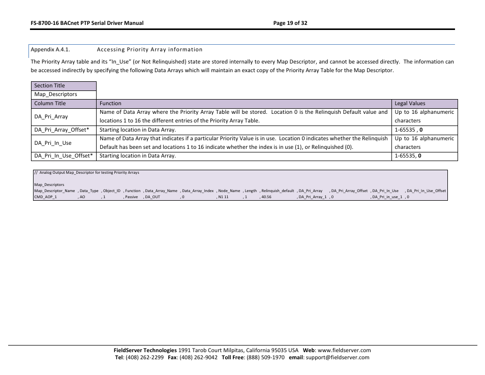 Appendix a.4.1, Accessing priority array information | FieldServer FS-8700-16 User Manual | Page 19 / 32