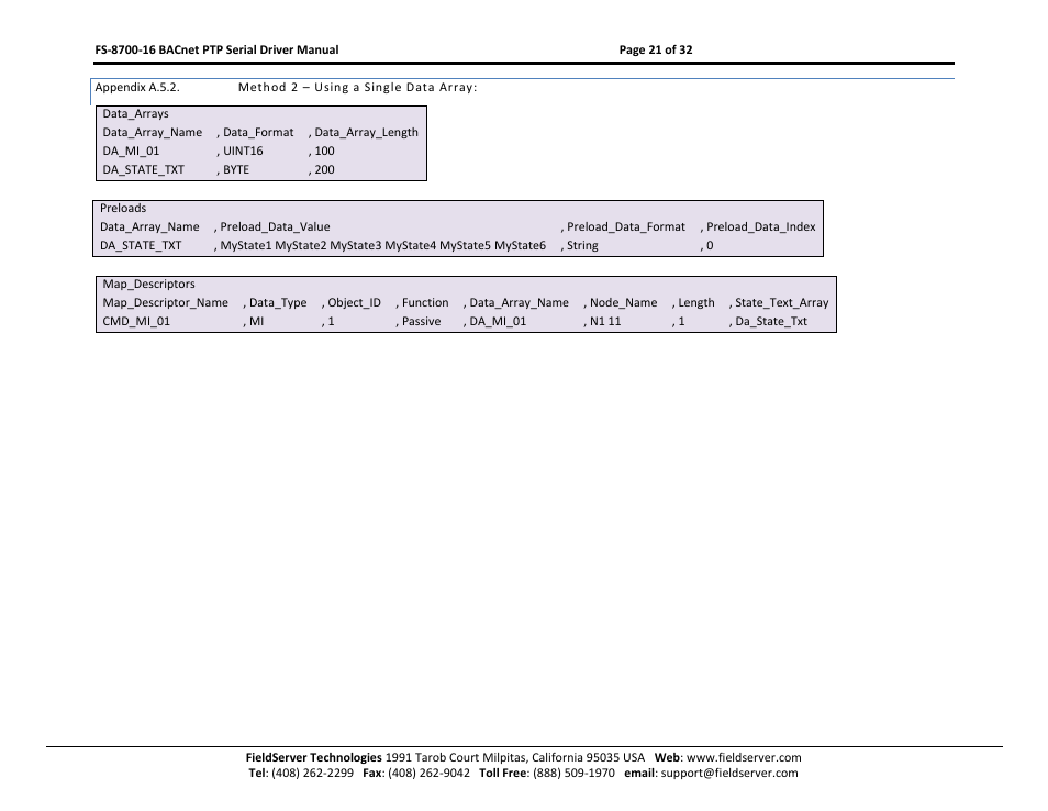 Appendix a.5.2, Method 2 – using a single data array | FieldServer FS-8700-16 User Manual | Page 21 / 32