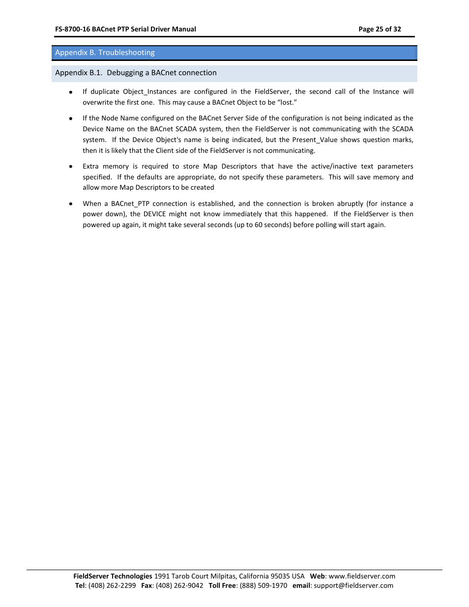 Appendix b. troubleshooting, Appendix b.1. debugging a bacnet connection | FieldServer FS-8700-16 User Manual | Page 25 / 32