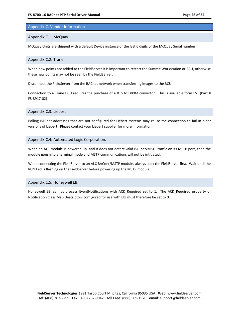 Appendix c. vendor information, Appendix c.1. mcquay, Appendix c.2. trane | Appendix c.3. liebert, Appendix c.4. automated logic corporation, Appendix c.5. honeywell ebi | FieldServer FS-8700-16 User Manual | Page 26 / 32