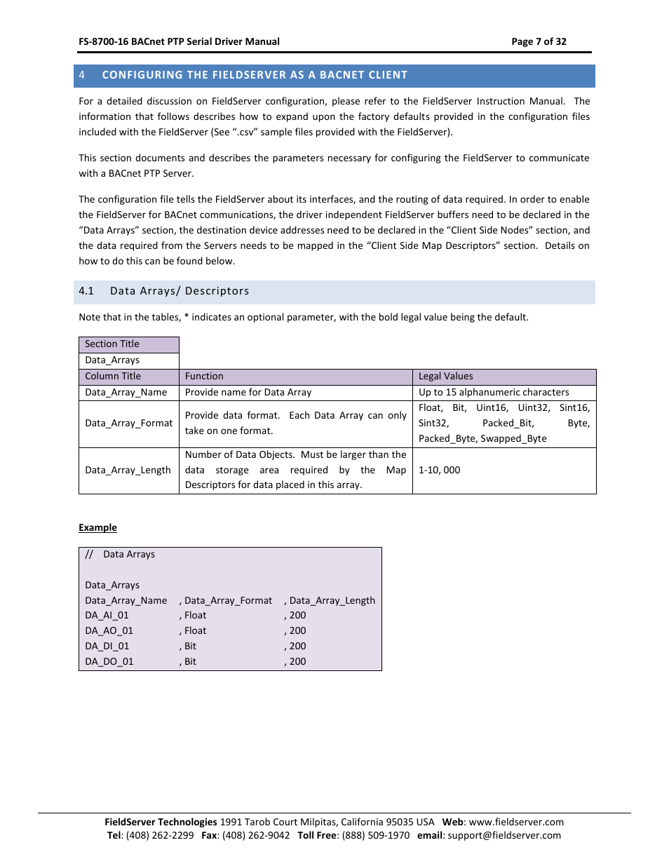 Configuring the fieldserver as a bacnet client, Data arrays/ descriptors | FieldServer FS-8700-16 User Manual | Page 7 / 32