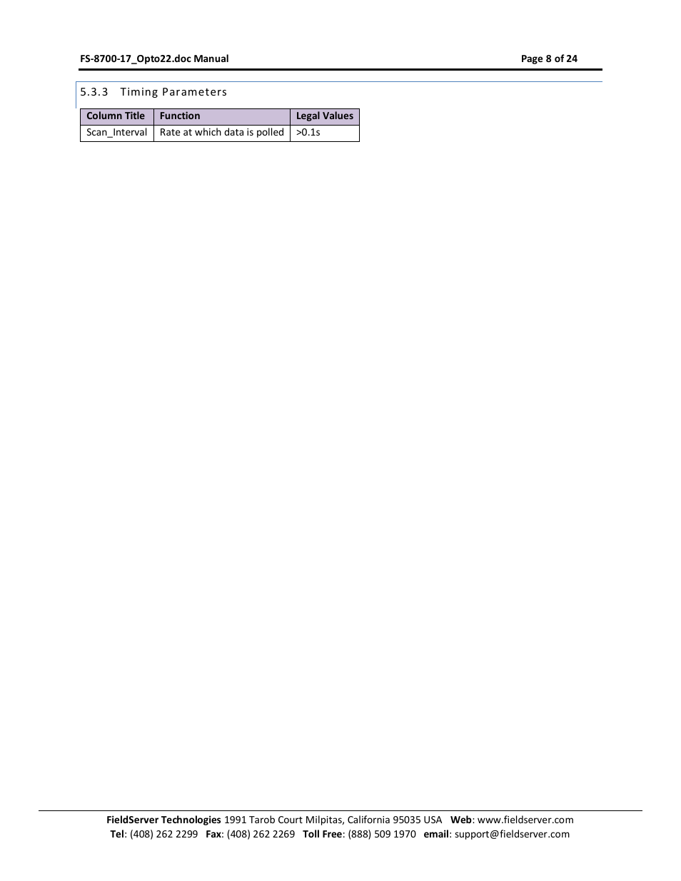 Timing parameters | FieldServer Optomux FS-8700-17 User Manual | Page 10 / 24