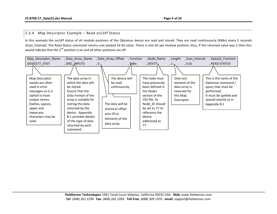 Map descriptor example – read on/off status | FieldServer Optomux FS-8700-17 User Manual | Page 11 / 24