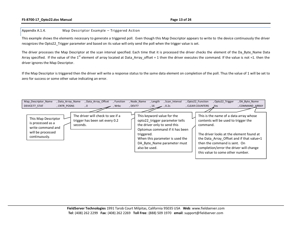 Appendix a.1.4, Map descriptor example – triggered action, N appendix a.1.4 | O appendix a.1.4 | FieldServer Optomux FS-8700-17 User Manual | Page 15 / 24