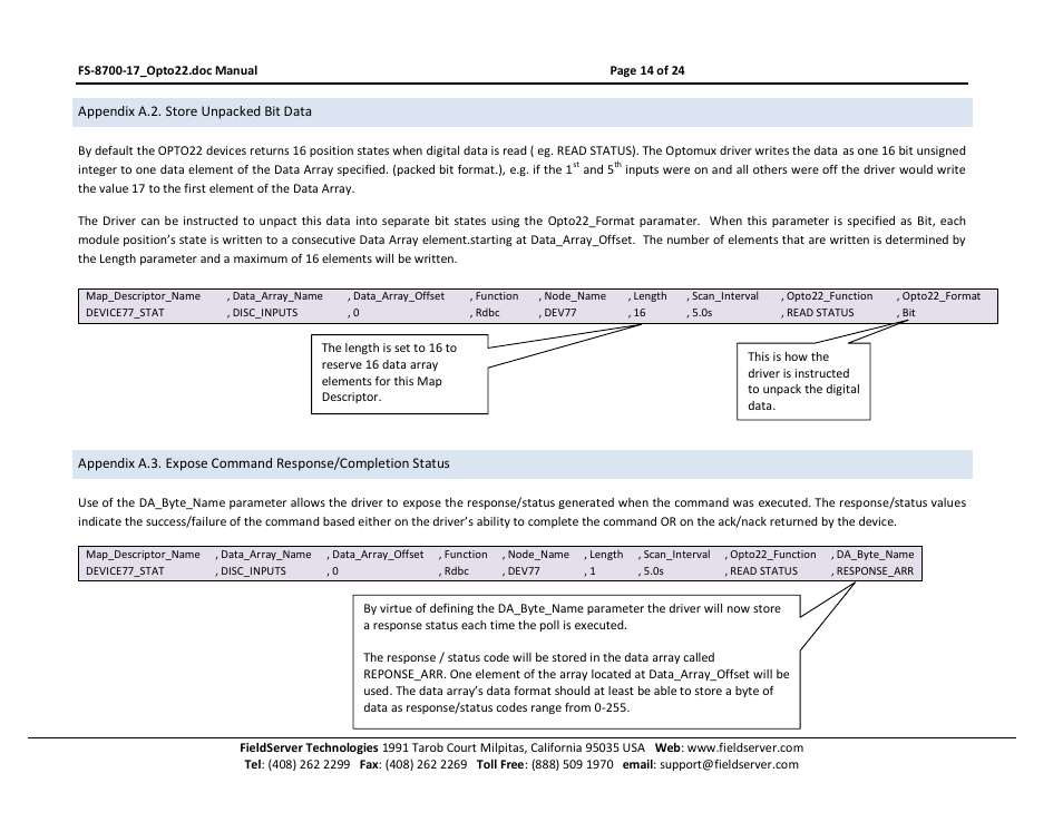 Appendix a.2. store unpacked bit data, Appendix a.2, O appendix a.2 | FieldServer Optomux FS-8700-17 User Manual | Page 16 / 24
