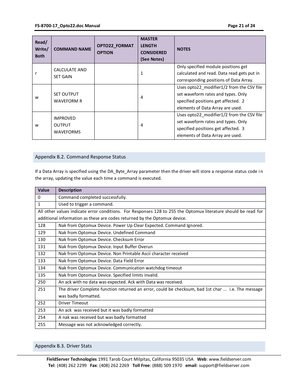 Appendix b.2. command response status, Appendix b.3. driver stats | FieldServer Optomux FS-8700-17 User Manual | Page 23 / 24