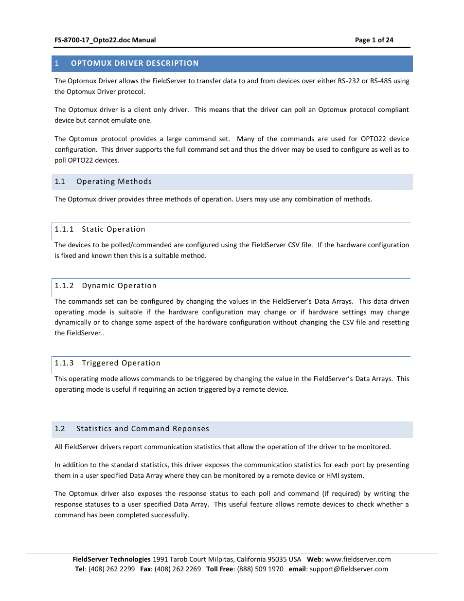 Optomux driver description, Operating methods, Static operation | Dynamic operation, Triggered operation, Statistics and command reponses | FieldServer Optomux FS-8700-17 User Manual | Page 3 / 24
