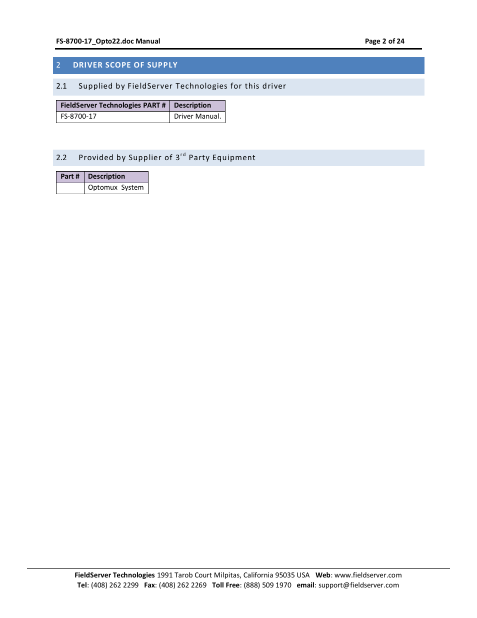 Driver scope of supply, Provided by supplier of 3, Party equipment | FieldServer Optomux FS-8700-17 User Manual | Page 4 / 24