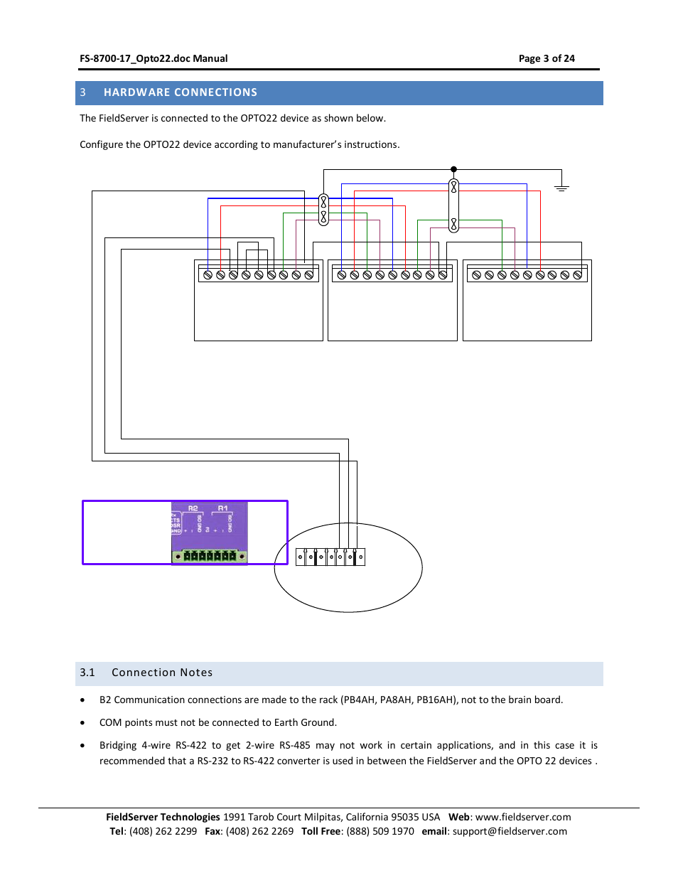 Hardware connections, Connection notes, 3hardware connections | FieldServer Optomux FS-8700-17 User Manual | Page 5 / 24