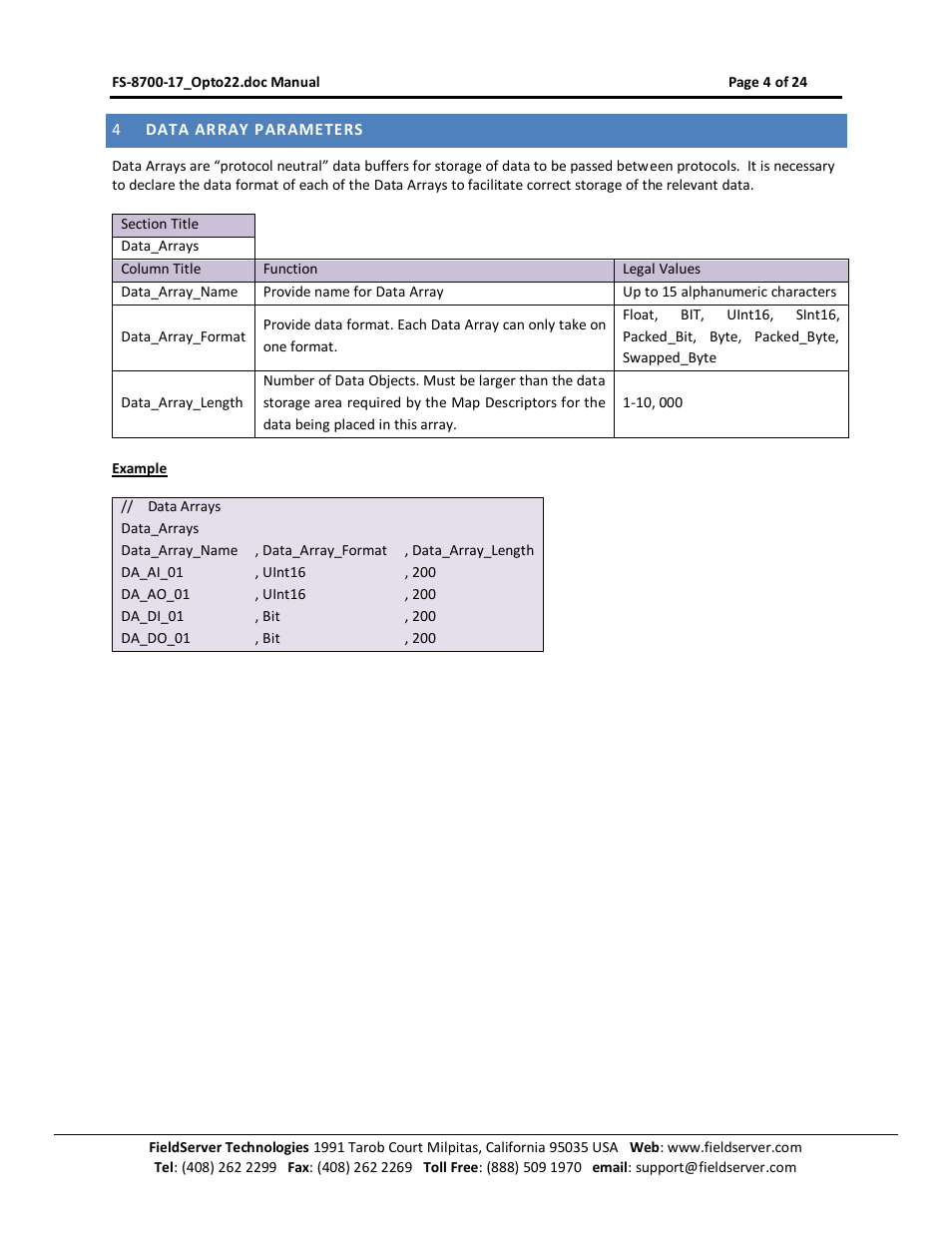 Data array parameters | FieldServer Optomux FS-8700-17 User Manual | Page 6 / 24