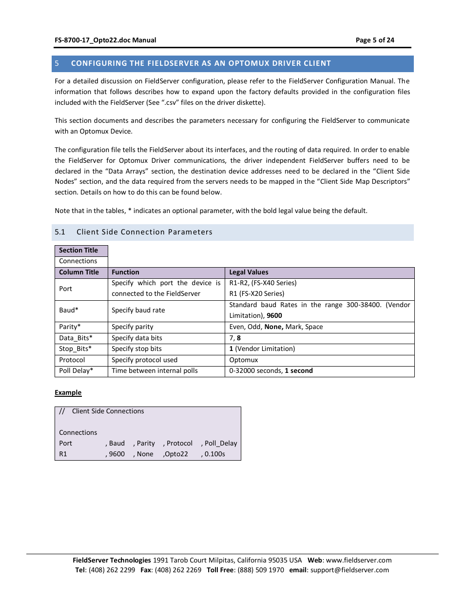 Client side connection parameters | FieldServer Optomux FS-8700-17 User Manual | Page 7 / 24