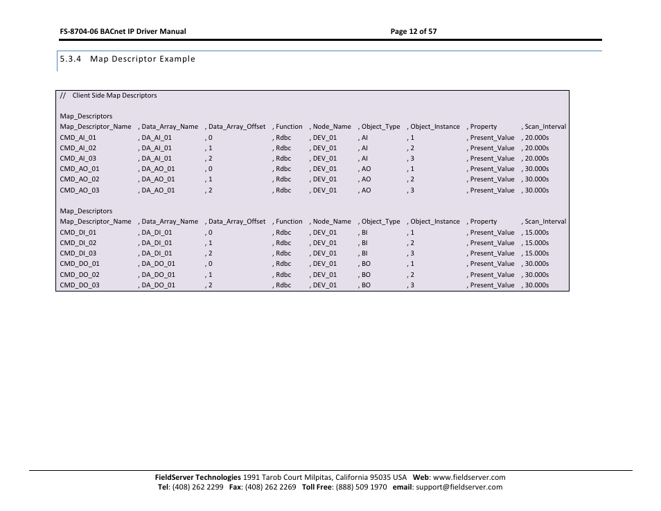 Map descriptor example | FieldServer FS-8704-06 User Manual | Page 12 / 57