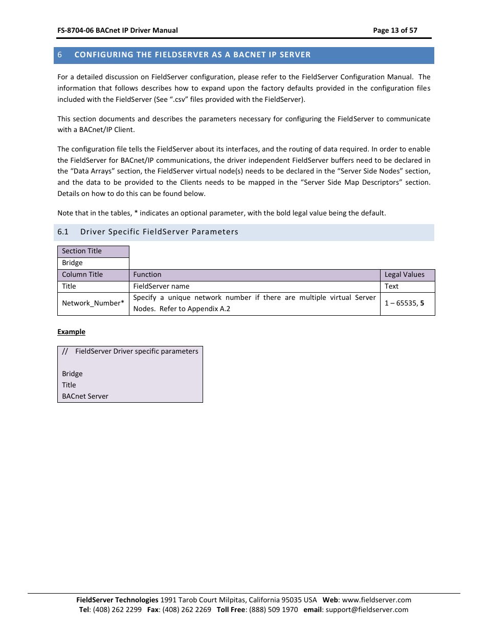 Configuring the fieldserver as a bacnet ip server, Driver specific fieldserver parameters | FieldServer FS-8704-06 User Manual | Page 13 / 57