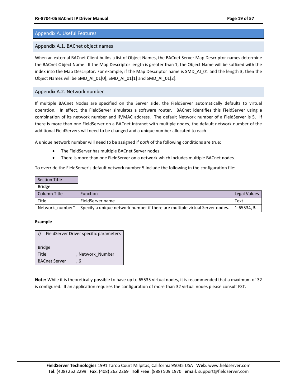 Appendix a. useful features, Appendix a.1. bacnet object names, Appendix a.2. network number | Appendix a.1 | FieldServer FS-8704-06 User Manual | Page 19 / 57