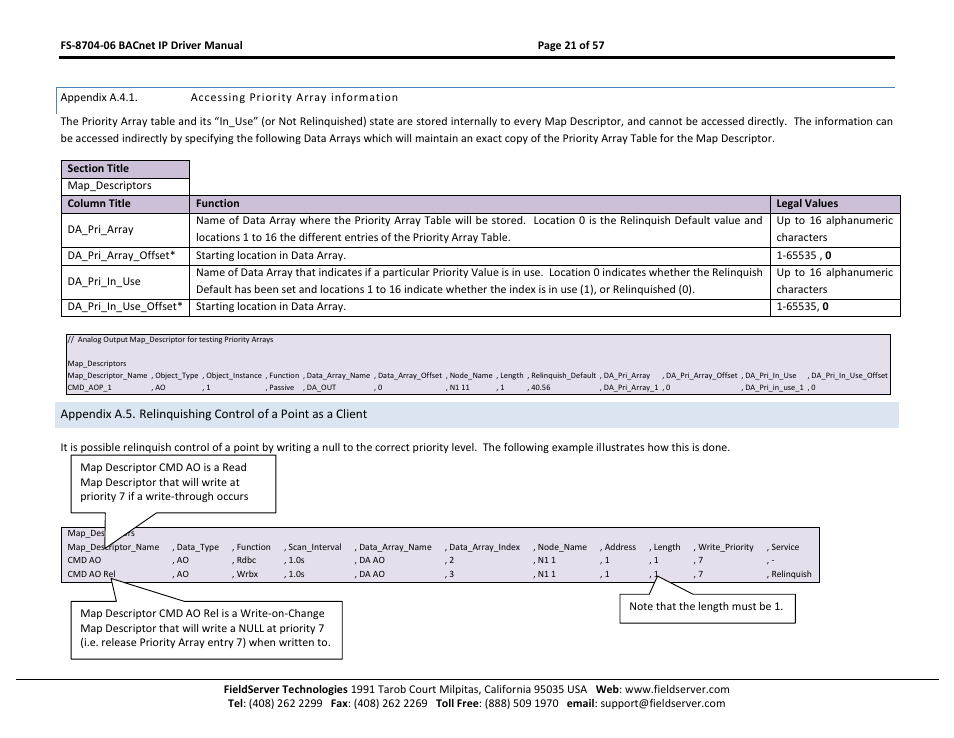 Appendix a.4.1, Accessing priority array information, Appendix a.5 | FieldServer FS-8704-06 User Manual | Page 21 / 57