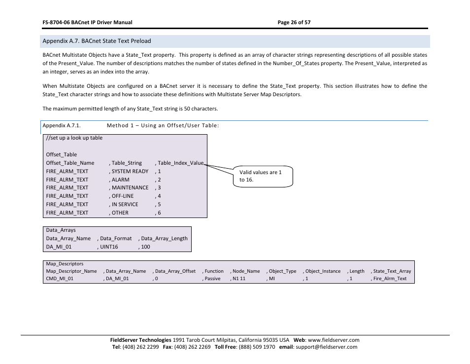 Appendix a.7. bacnet state text preload, Appendix a.7.1, Method 1 – using an offset/user table | FieldServer FS-8704-06 User Manual | Page 26 / 57