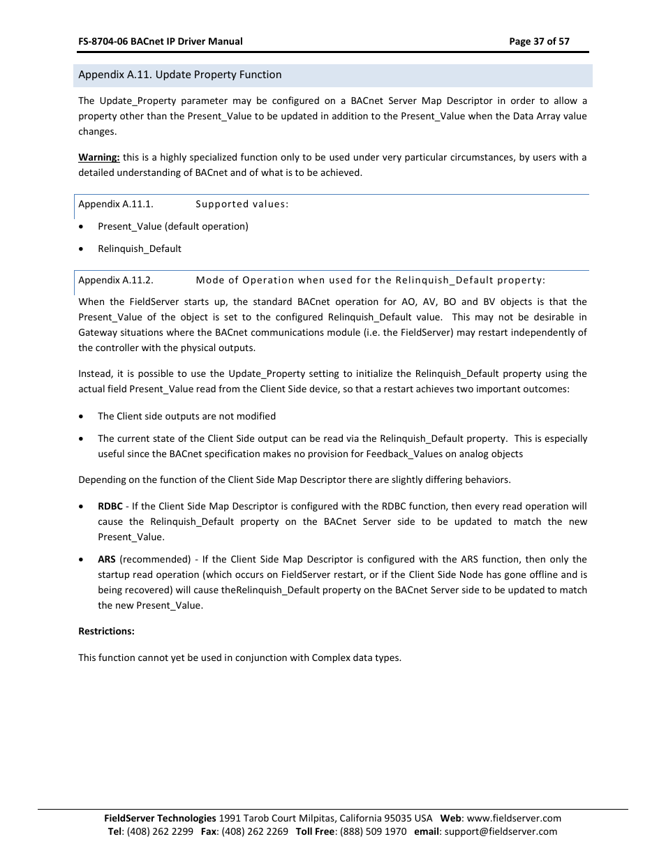 Appendix a.11. update property function, Appendix a.11.1, Supported values | Appendix a.11.2 | FieldServer FS-8704-06 User Manual | Page 37 / 57