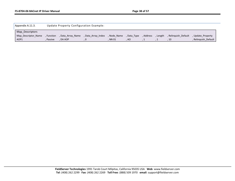 Appendix a.11.3, Update property configuration example | FieldServer FS-8704-06 User Manual | Page 38 / 57