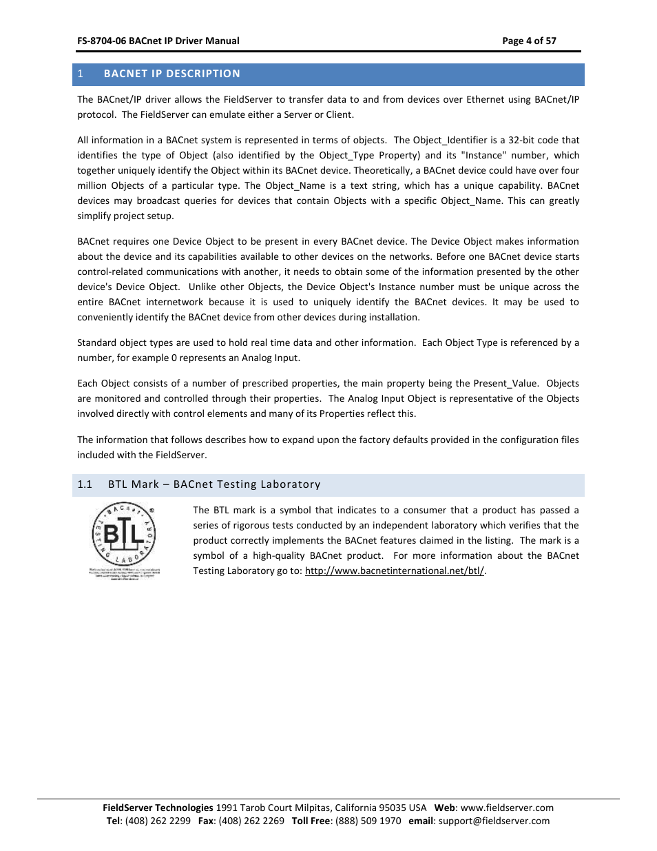 Bacnet ip description, Btl mark – bacnet testing laboratory | FieldServer FS-8704-06 User Manual | Page 4 / 57