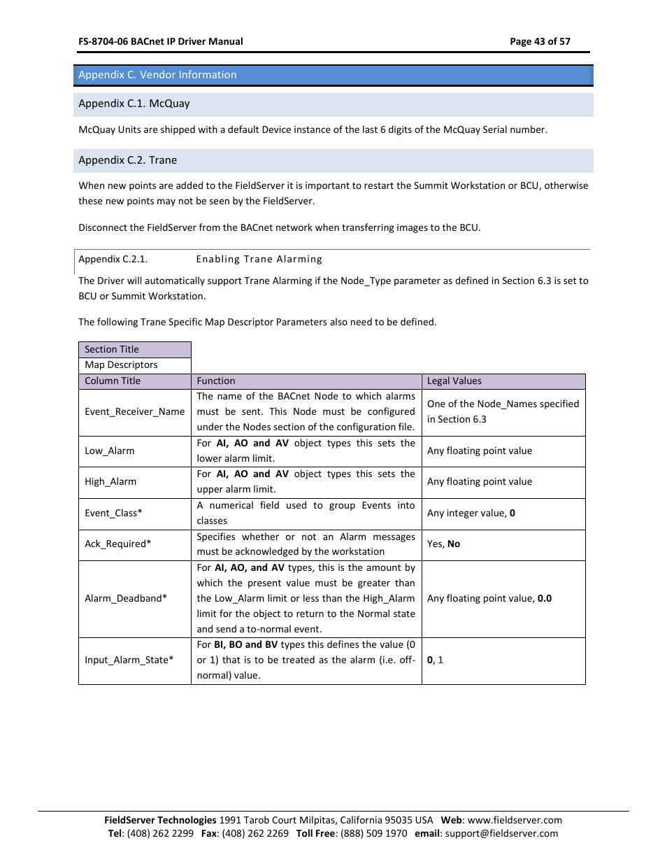 Appendix c. vendor information, Appendix c.1. mcquay, Appendix c.2. trane | Appendix c.2.1, Enabling trane alarming, Appendix c.2 | FieldServer FS-8704-06 User Manual | Page 43 / 57