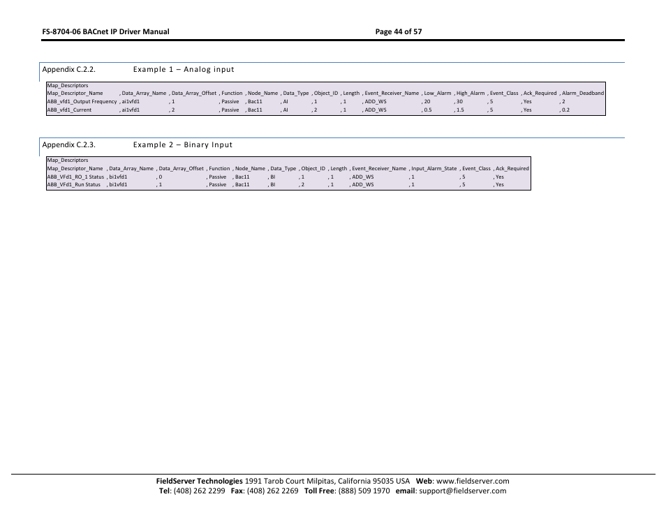 Appendix c.2.2, Example 1 – analog input, Appendix c.2.3 | Example 2 – binary input, Appendix c.2.3. example 2 – binary input | FieldServer FS-8704-06 User Manual | Page 44 / 57