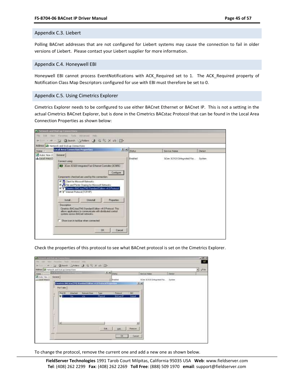 Appendix c.3. liebert, Appendix c.4. honeywell ebi, Appendix c.5. using cimetrics explorer | FieldServer FS-8704-06 User Manual | Page 45 / 57