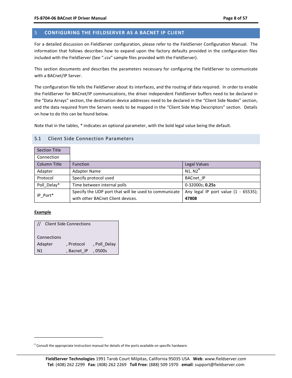Configuring the fieldserver as a bacnet ip client, Client side connection parameters | FieldServer FS-8704-06 User Manual | Page 8 / 57