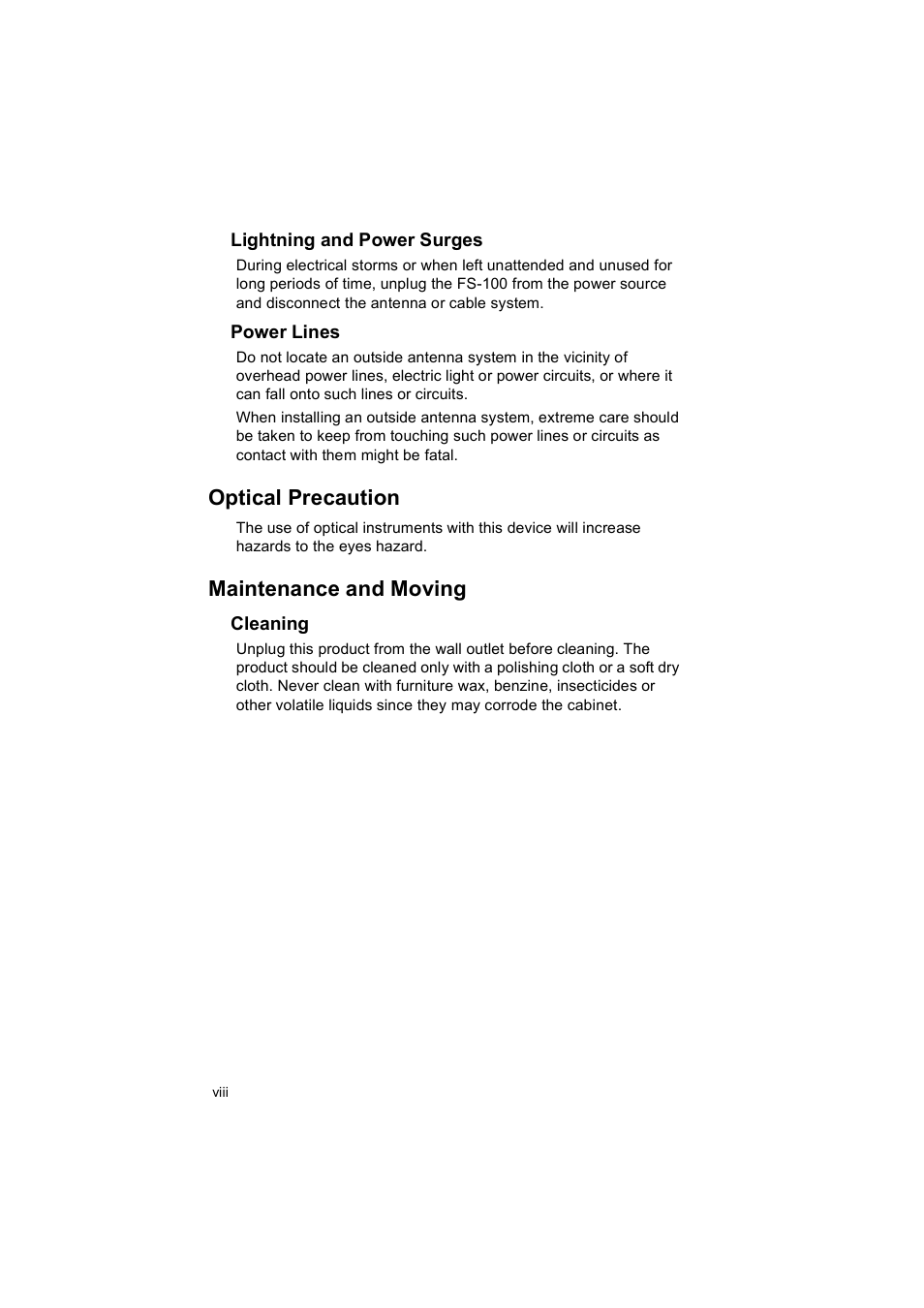 Optical precaution, Maintenance and moving | FOCUS Enhancements MANL102306 User Manual | Page 10 / 120