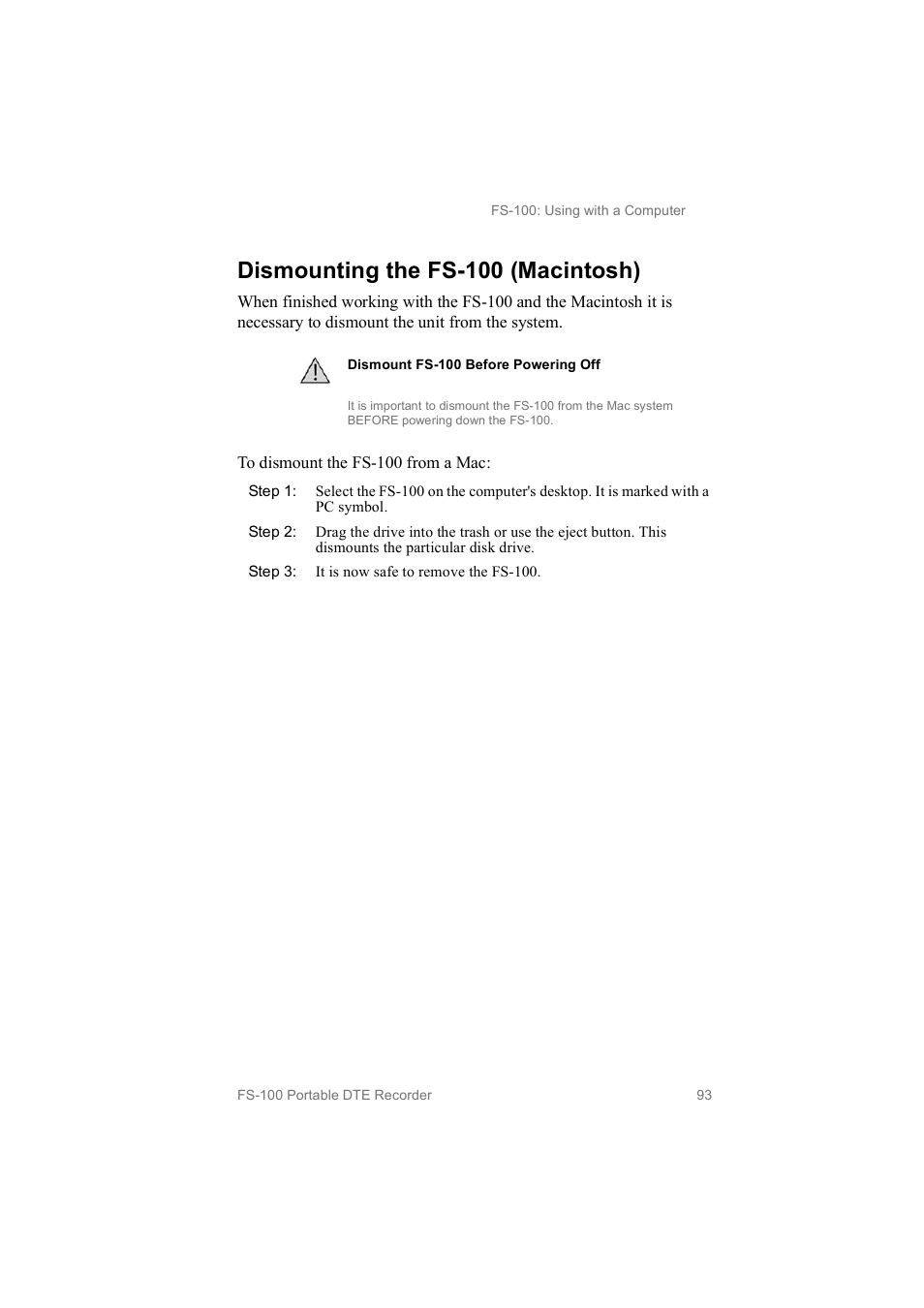 Dismounting the fs­100 (macintosh) | FOCUS Enhancements MANL102306 User Manual | Page 111 / 120