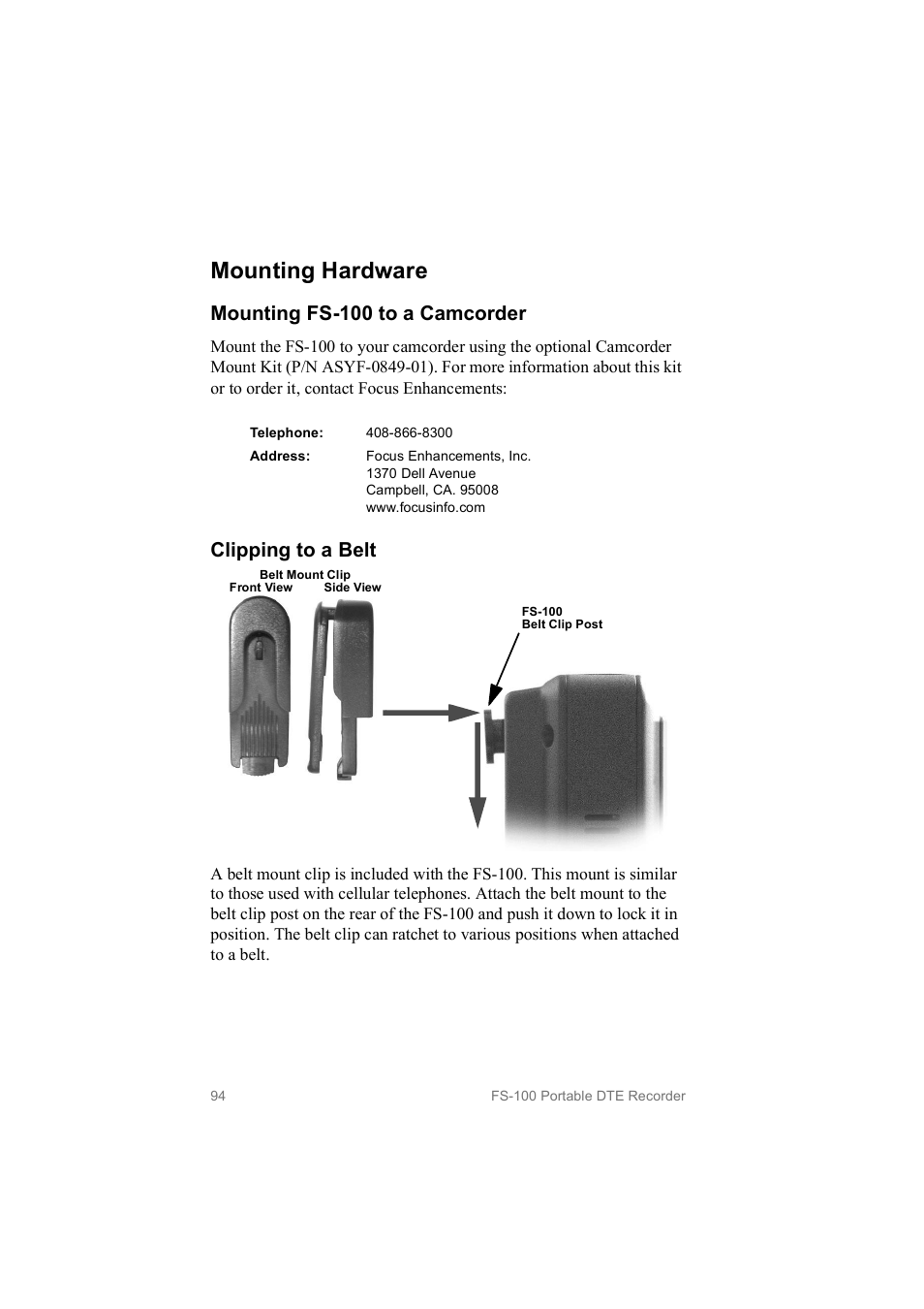 Mounting hardware, Mounting fs­100 to a camcorder, Clipping to a belt | FOCUS Enhancements MANL102306 User Manual | Page 112 / 120