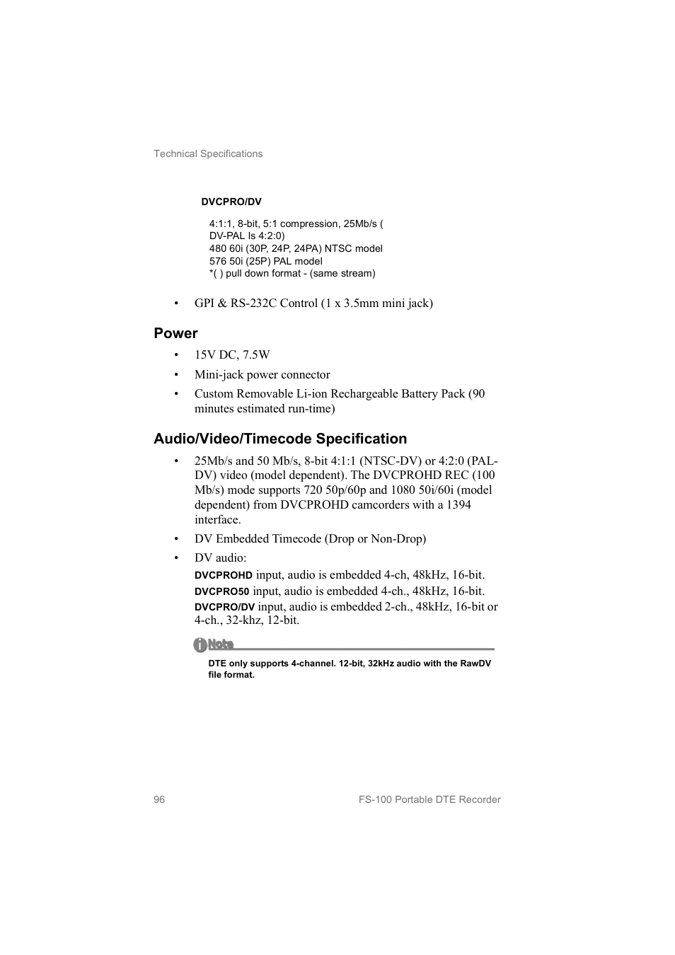 Power, Audio/video/timecode specification | FOCUS Enhancements MANL102306 User Manual | Page 114 / 120