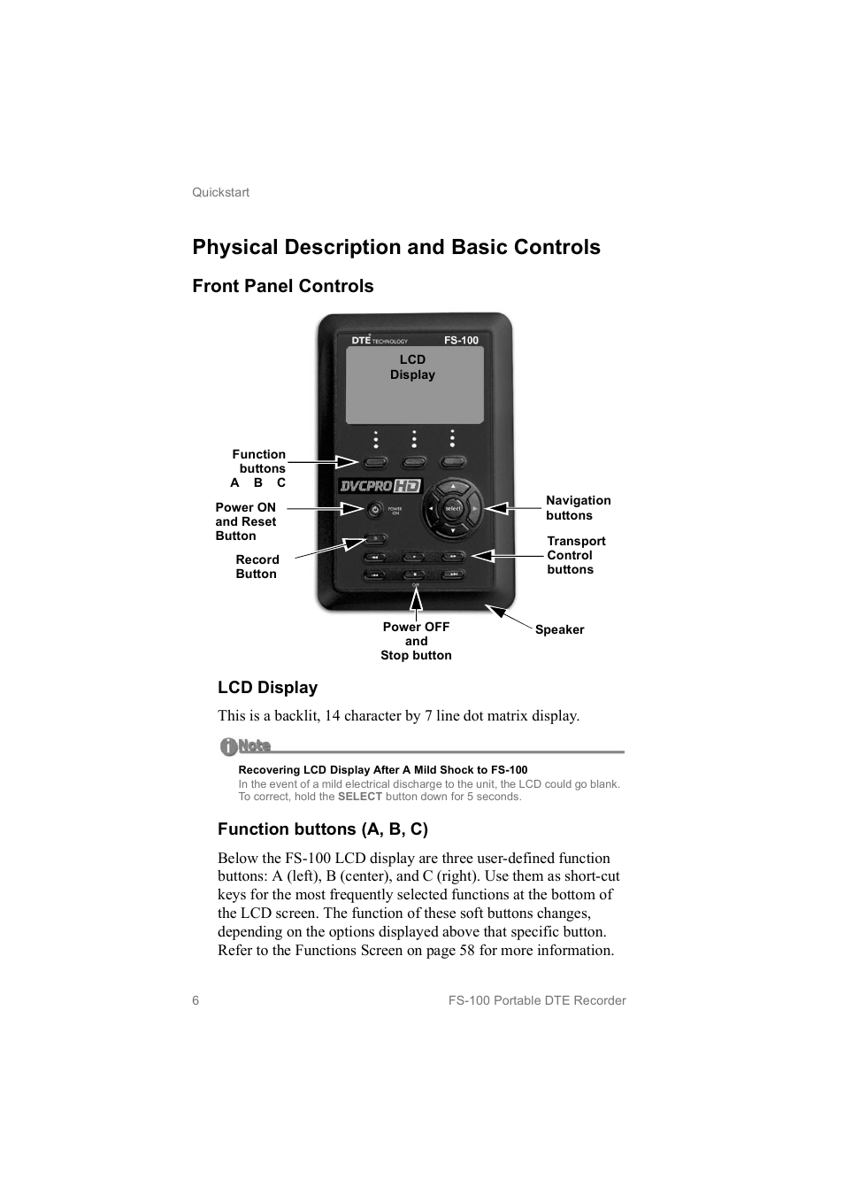 Physical description and basic controls, Front panel controls, Lcd display | Function buttons (a, b, c) | FOCUS Enhancements MANL102306 User Manual | Page 24 / 120