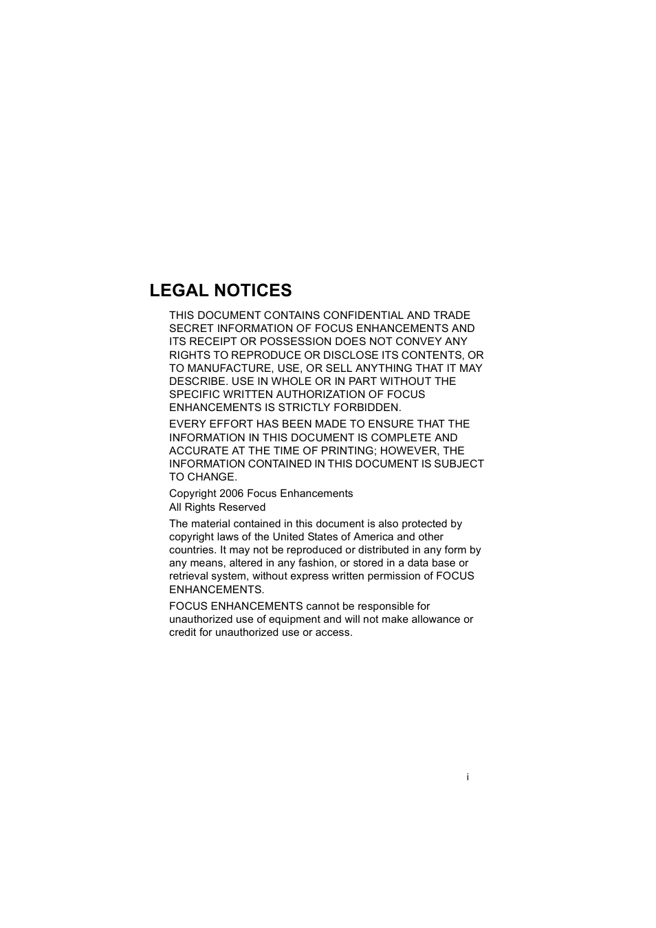 Legal notices | FOCUS Enhancements MANL102306 User Manual | Page 3 / 120