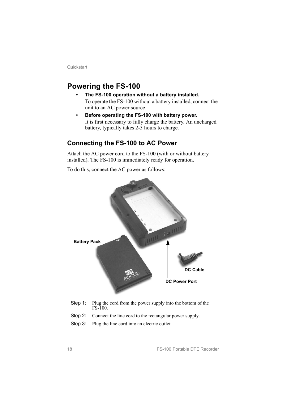 Powering the fs­100, Connecting the fs­100 to ac power | FOCUS Enhancements MANL102306 User Manual | Page 36 / 120