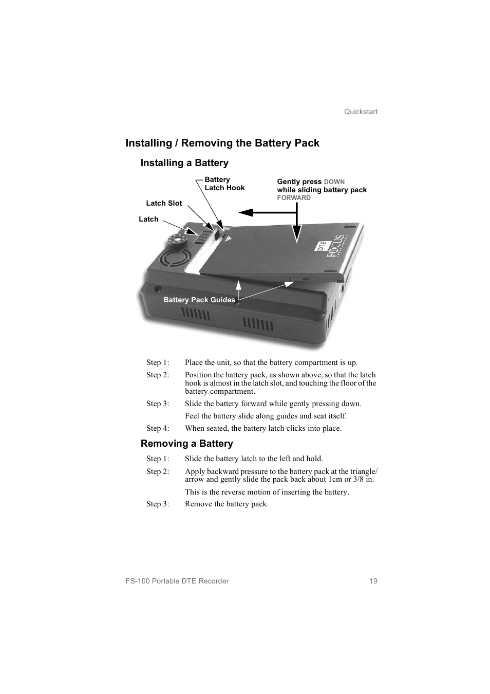 Installing / removing the battery pack, Installing a battery, Removing a battery | FOCUS Enhancements MANL102306 User Manual | Page 37 / 120