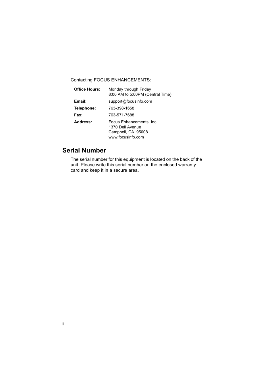 Serial number | FOCUS Enhancements MANL102306 User Manual | Page 4 / 120