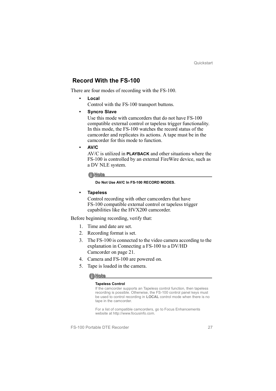 Record with the fs­100 | FOCUS Enhancements MANL102306 User Manual | Page 45 / 120