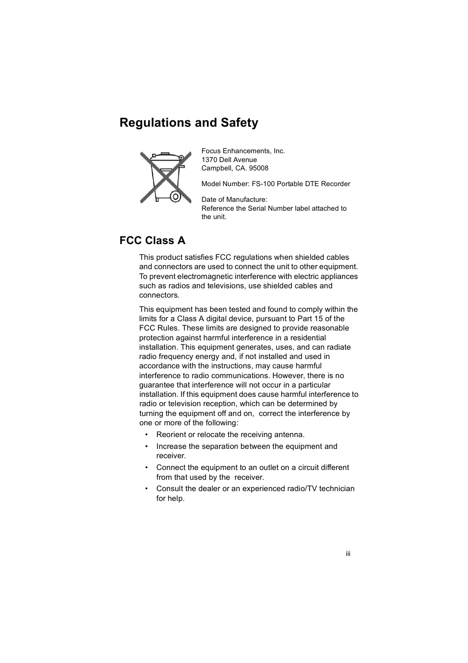 Regulations and safety, Fcc class a | FOCUS Enhancements MANL102306 User Manual | Page 5 / 120