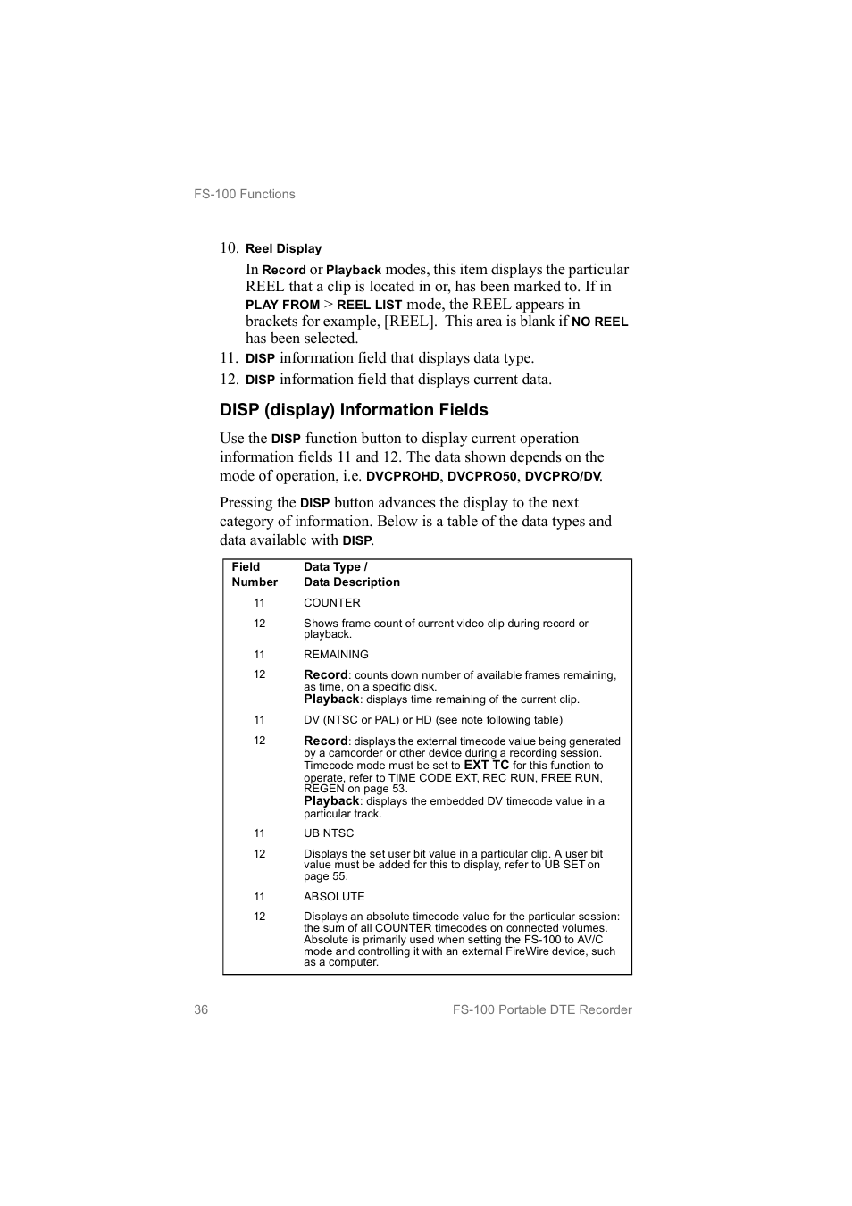 Disp (display) information fields | FOCUS Enhancements MANL102306 User Manual | Page 54 / 120