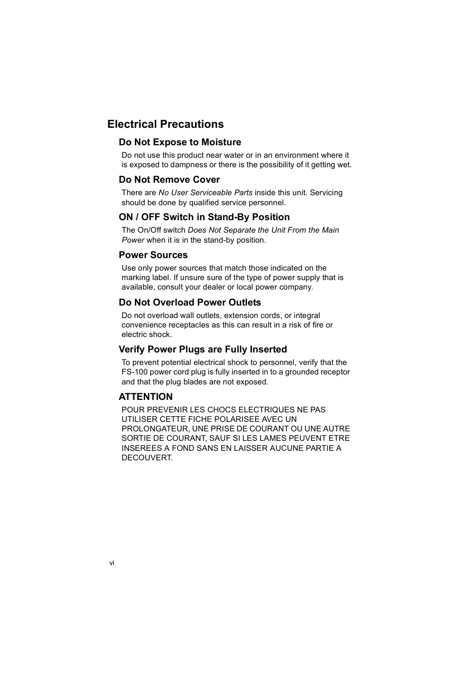 Electrical precautions | FOCUS Enhancements MANL102306 User Manual | Page 8 / 120