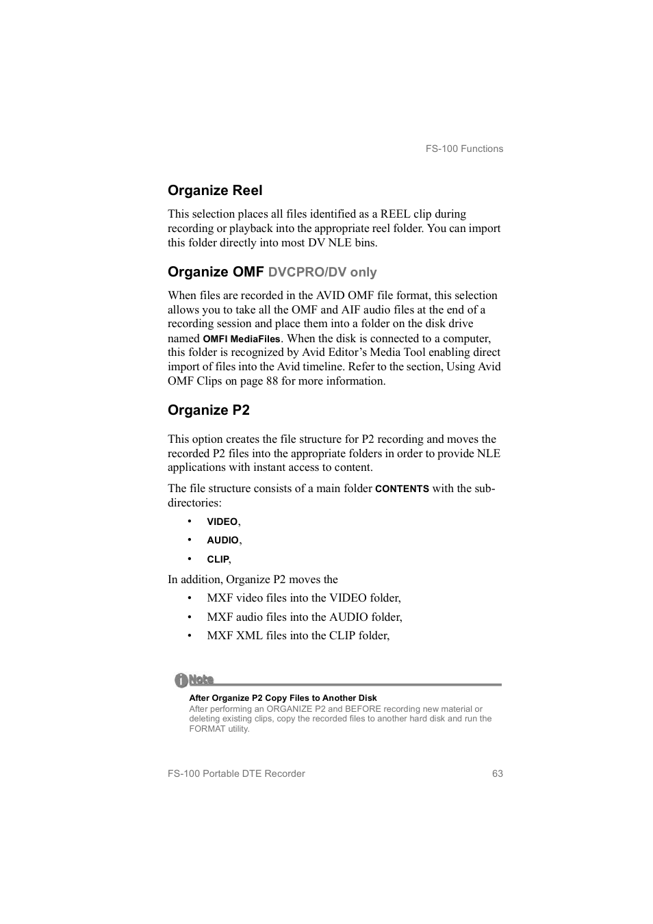 Organize reel, Organize omf, Organize p2 | FOCUS Enhancements MANL102306 User Manual | Page 81 / 120