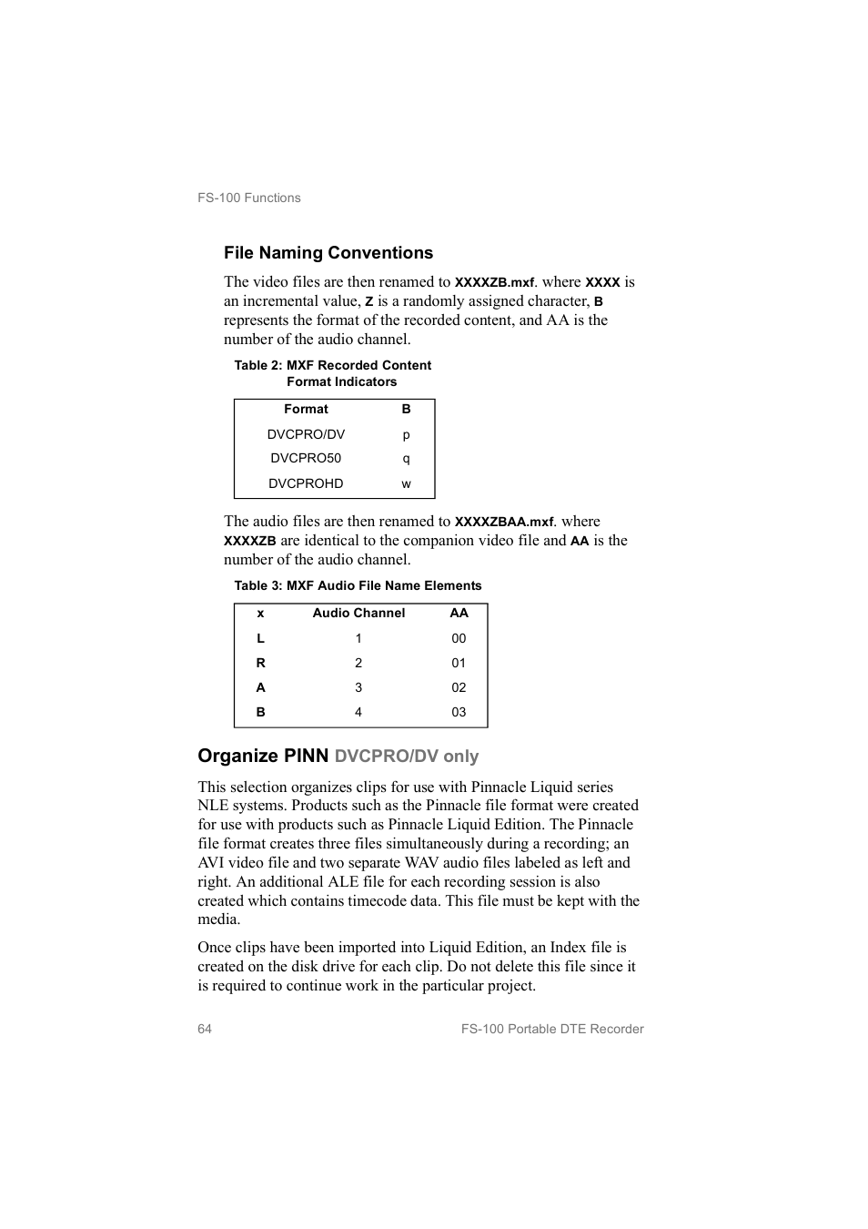 Organize pinn, File naming conventions, Dvcpro/dv only | FOCUS Enhancements MANL102306 User Manual | Page 82 / 120